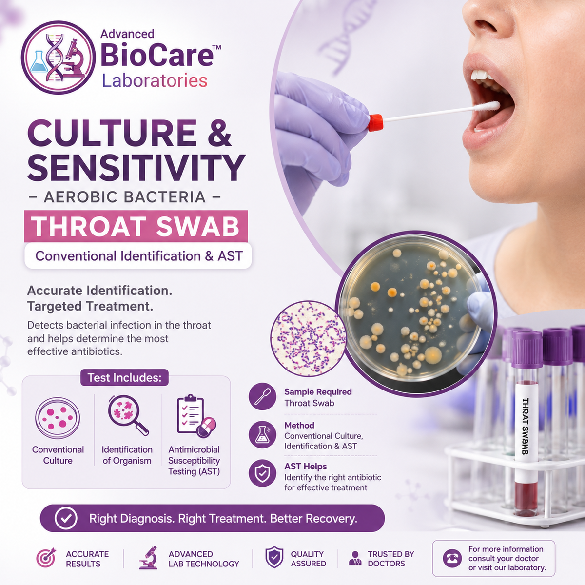 Culture & sensitivity, Aerobic bacteria, Throat Swab, Conventional Identification & AST