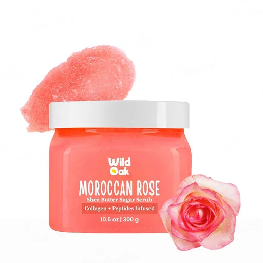 Wild Oak Moroccan Rose Shea Butter Sugar Body Scrub – 300 g | Vegan Collagen &amp; Peptides