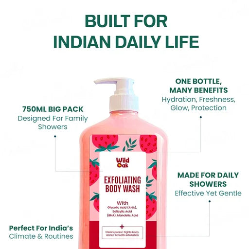 Wild Oak AHA BHA Exfoliating Body Wash – 750 mL | Body Acne, Rough Texture &amp; Pore Care