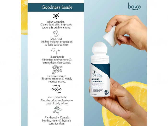 BAKE 6% AHA + 2% Kojic Acid Underarm Brightening Roll On Serum