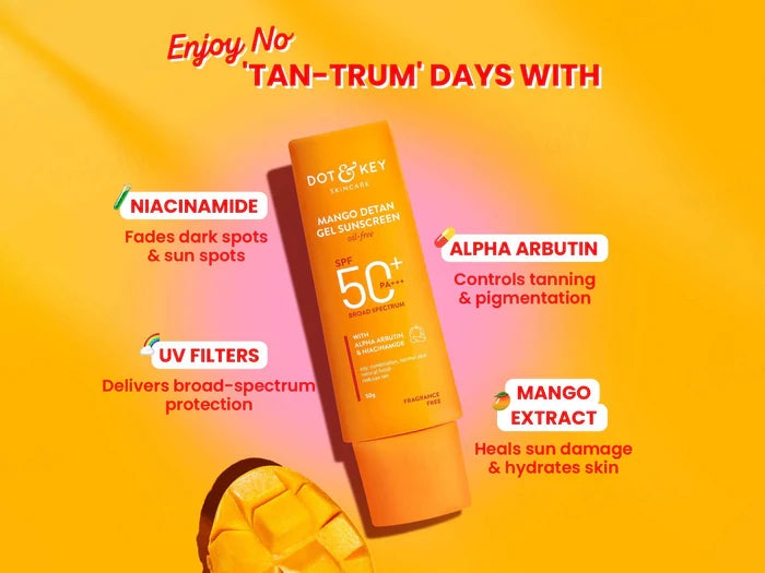 Dot &amp; Key Mango Detan Gel Oil-Free Sunscreen SPF 50+ PA++++ – Brighten, Protect &amp; Prevent Tan